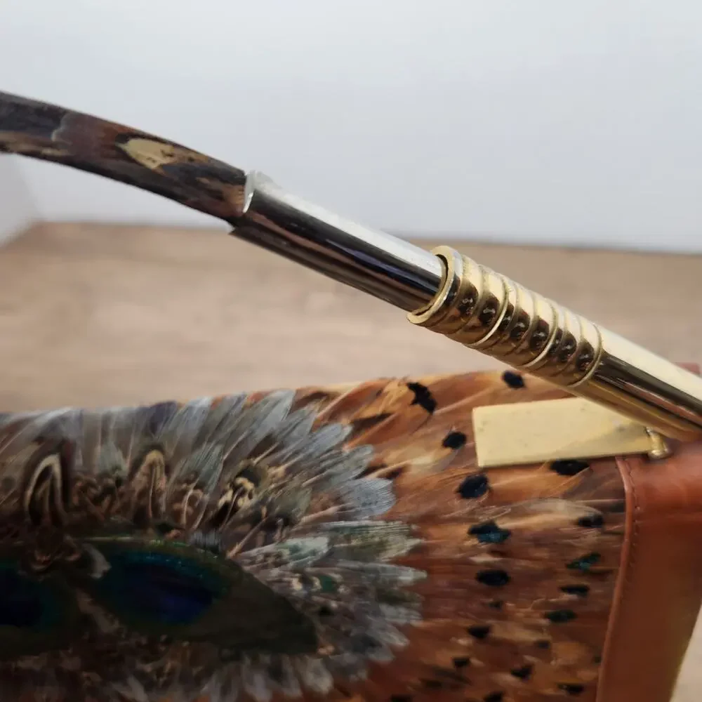 Vintage Peacock Feather Handbag 1950s 60s Real Feather Purse Gold Clasp
